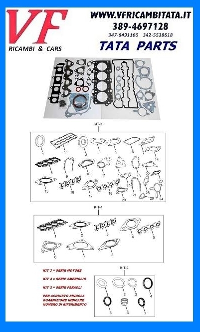 TATA ARIA : GUARNIZIONI - SERIE MOTORE - SERIE SMERIGLIO - KIT PARAOLI- COD-V0073