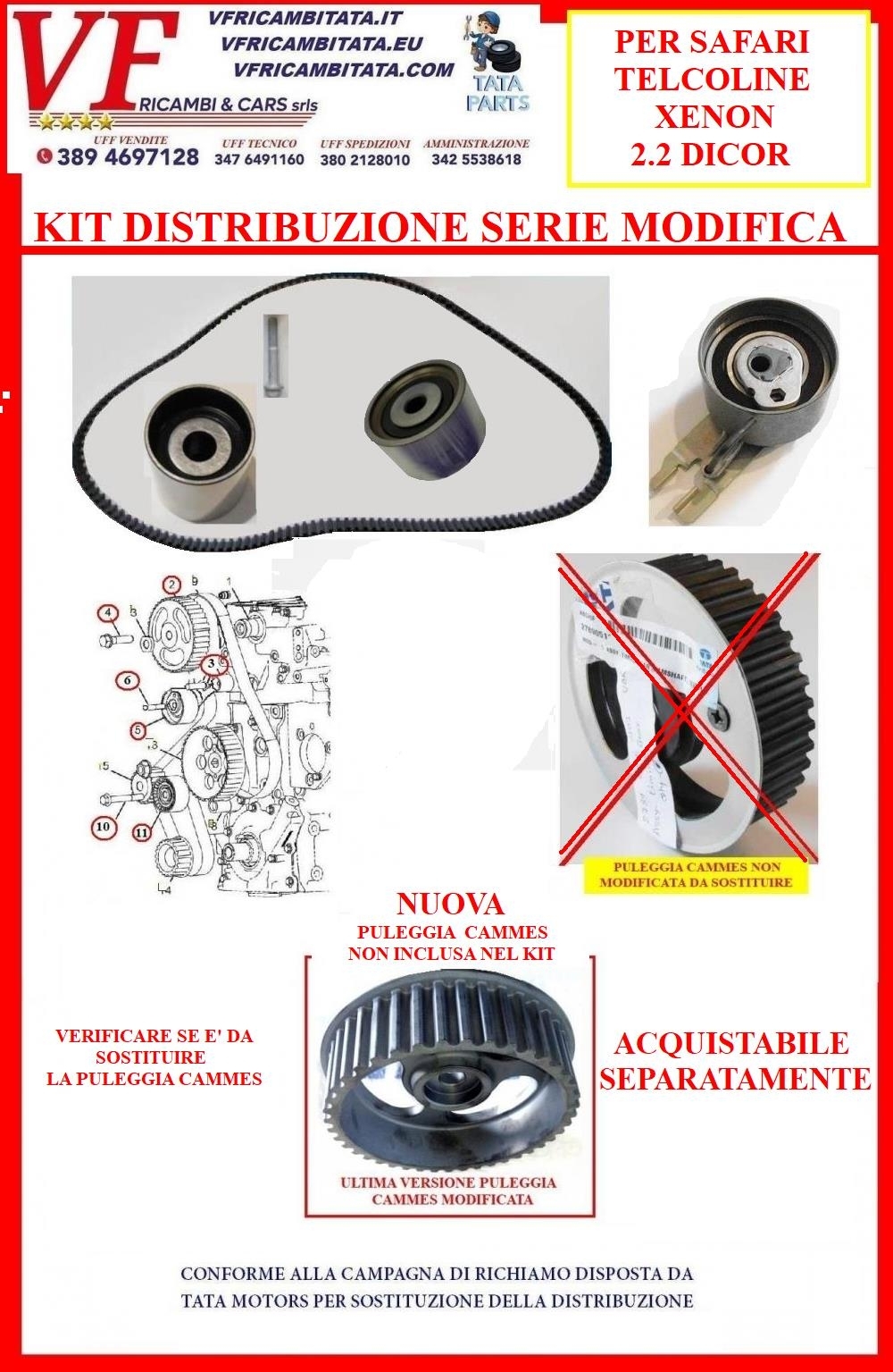 SAFARI - TELCOLINE - XENON : 1 - DISTRIBUZIONE 2.2 DICOR - KIT SERIE MODIFICA CINGHIA E CUSCINETTI (TIPO E - A o B) - COD-I0055-KIT